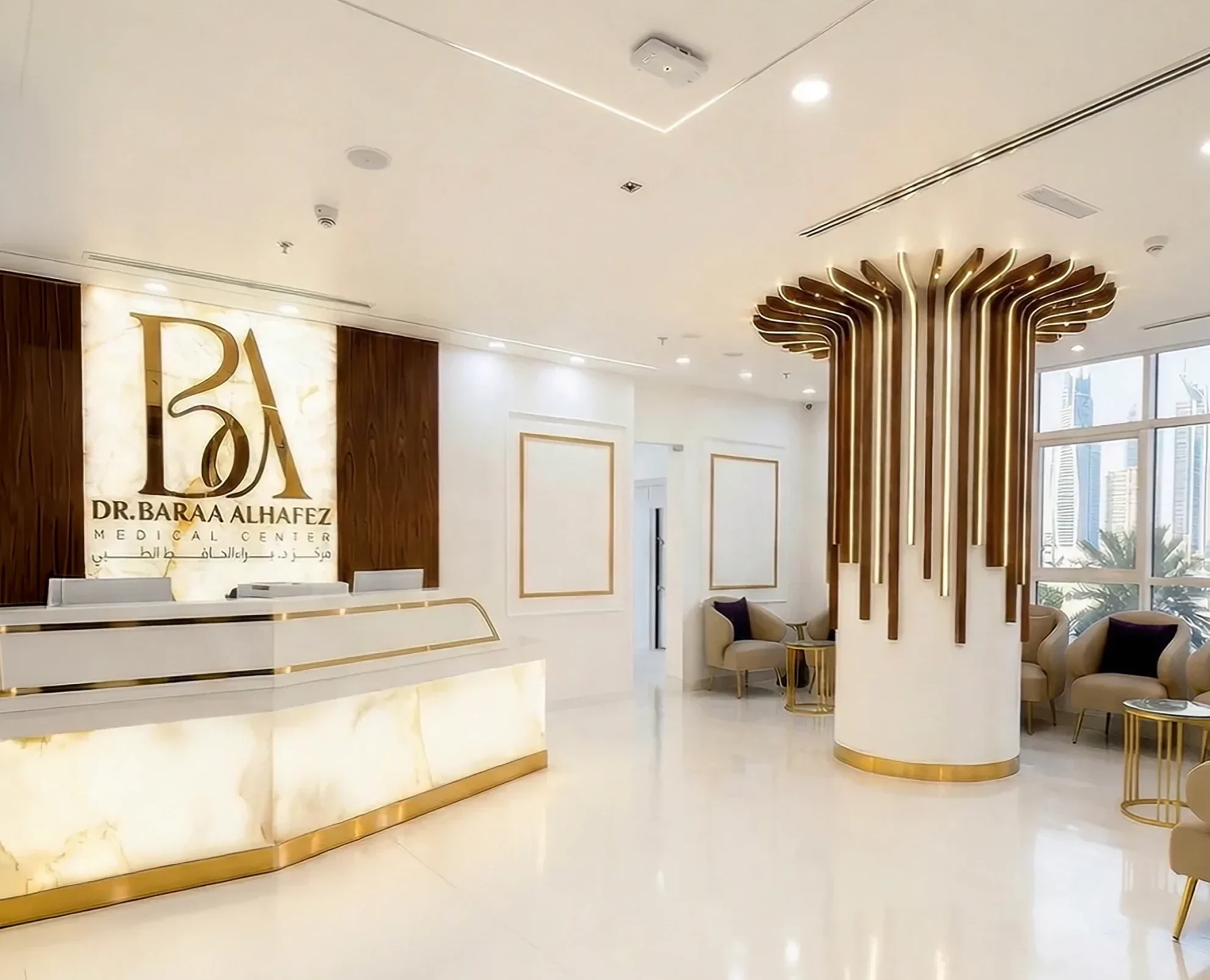 Dr. Baraa Al Hafez Center, reception and feature column, fit-out by Creative HMC