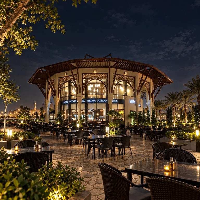 Pizzaro, terrace dining at night, fit-out by HQI Contracting
