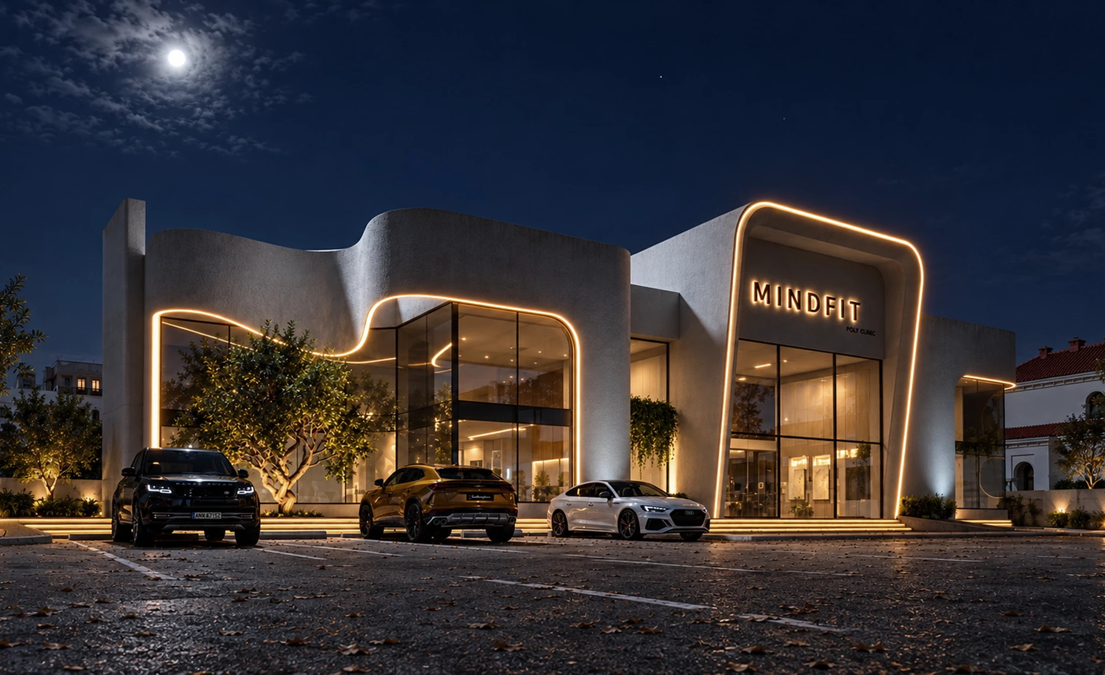 Mind Fit Poly Clinic, facade at night (design render), design by HQI